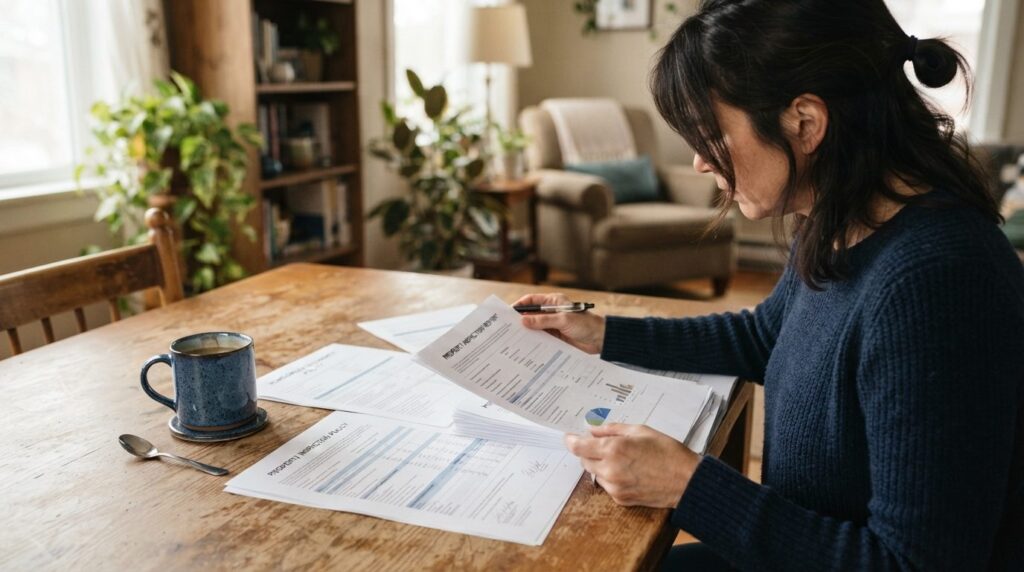 Close-up of homeowner reviewing insurance documents and prop