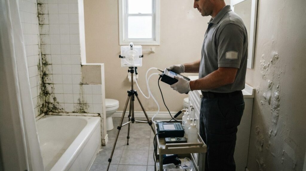 Certified mold inspector taking air quality samples in resid