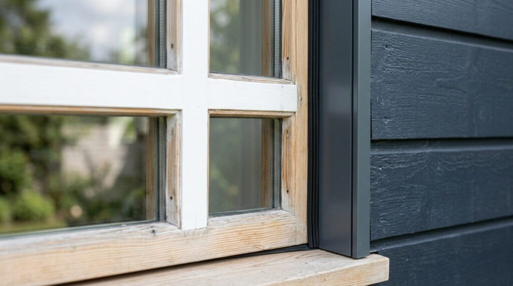 Close-up detail shot of a Dannebrog window frame in light wo