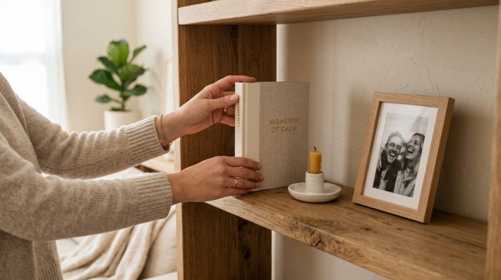 Close-up of a persons hands arranging objects on a wooden s