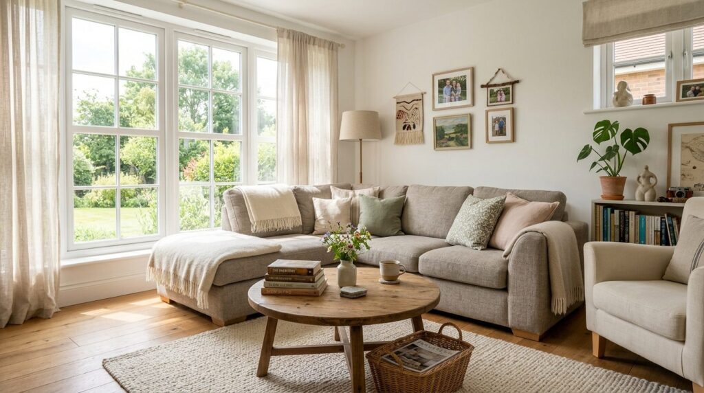 A bright, airy living room with large windows, comfortable n