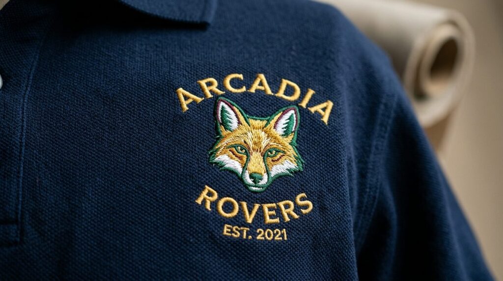 Close-up detail shot of high-quality embroidered logo on dar