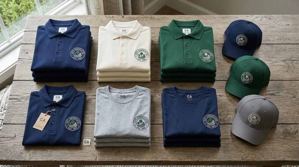 Overhead flat lay arrangement of folded association branded 