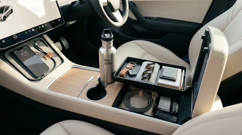 Close-up detail photograph of an organized car interior show