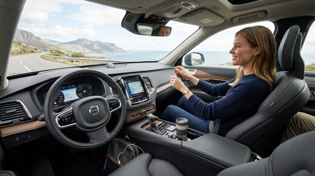 Wide-angle interior shot of a car dashboard and drivers wor