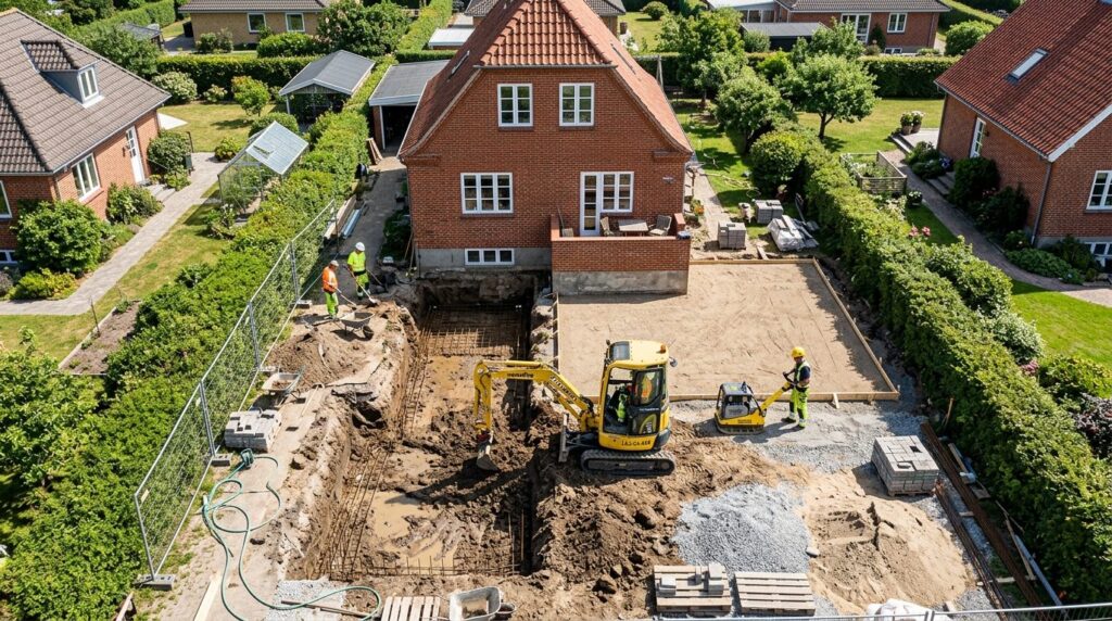 Overhead realistic stock photo of a Danish suburban garden t