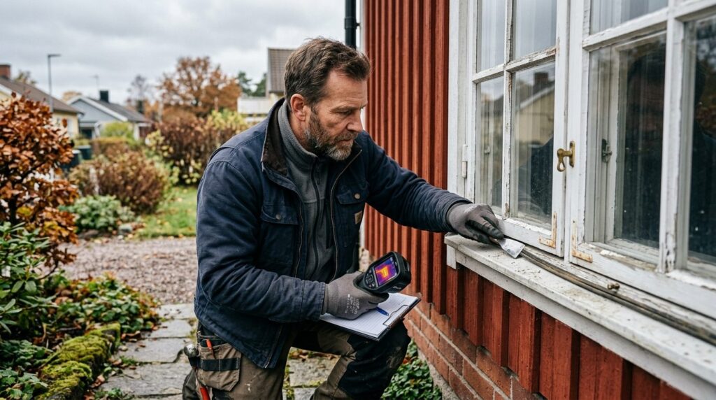 Håndværker undersøger tætningen omkring et vindueskarm.