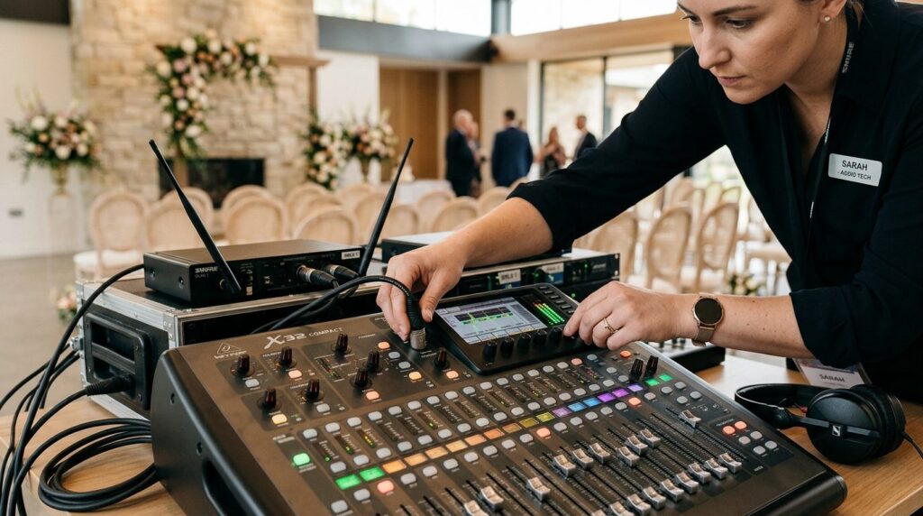Close-up of a professional audio technician testing micropho