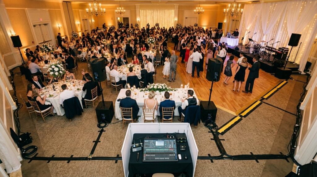 Wide overhead view of a wedding reception venue with properl