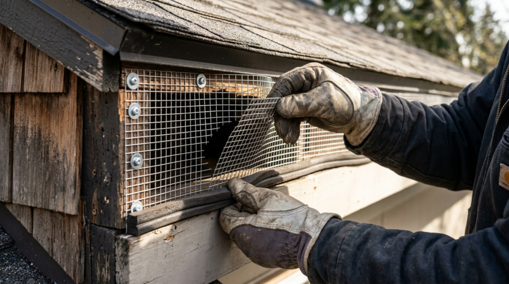 Close-up detail shot of attic entry point being sealed with