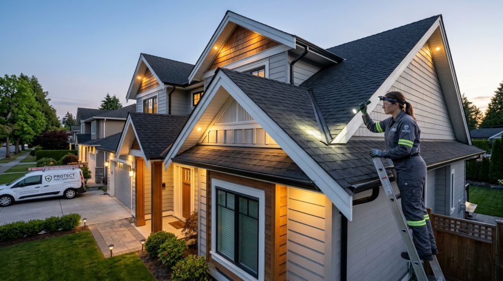 Wide angle view of residential house exterior at dusk, showi