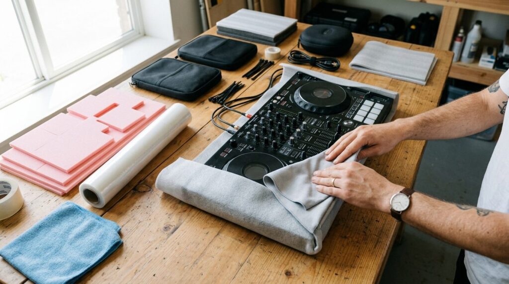 Hænder pakker professionelt DJ-udstyr ind i beskyttelsesmateriale set oppefra.
