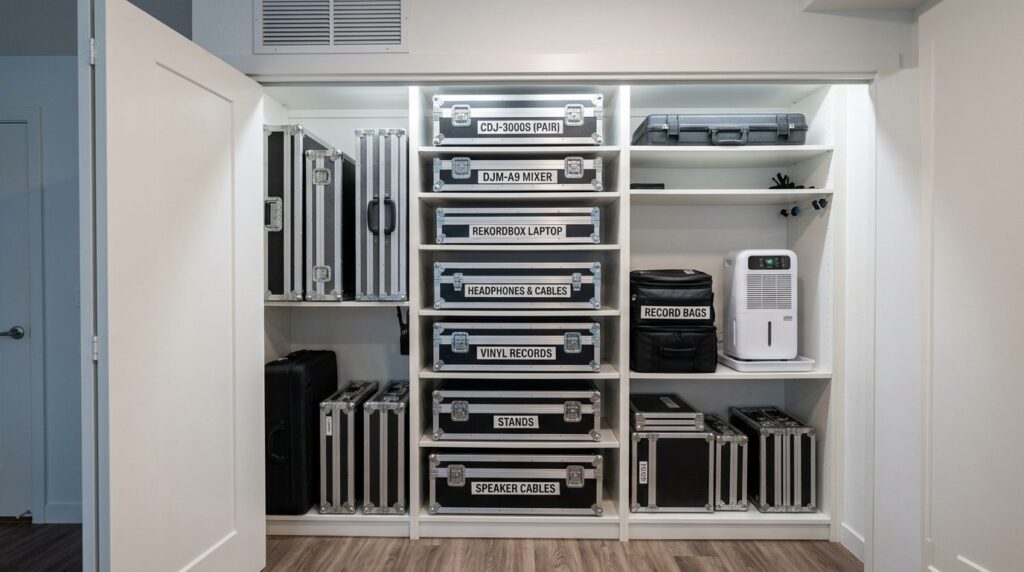 Well-organized residential storage closet with multiple DJ e