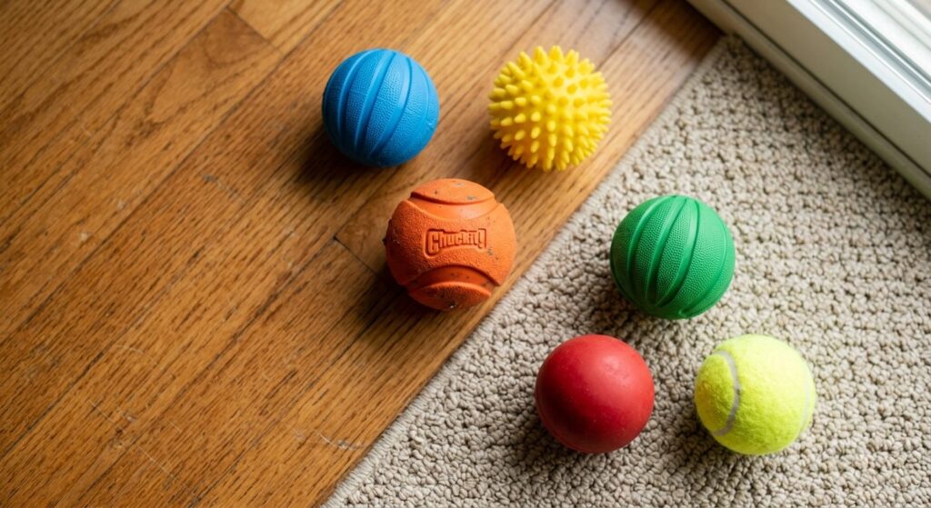 Close-up overhead shot of dog balls being tested for durabil