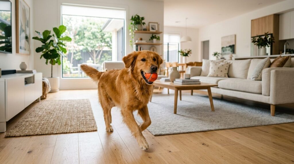 Realistic scene of a golden retriever playing with a durable