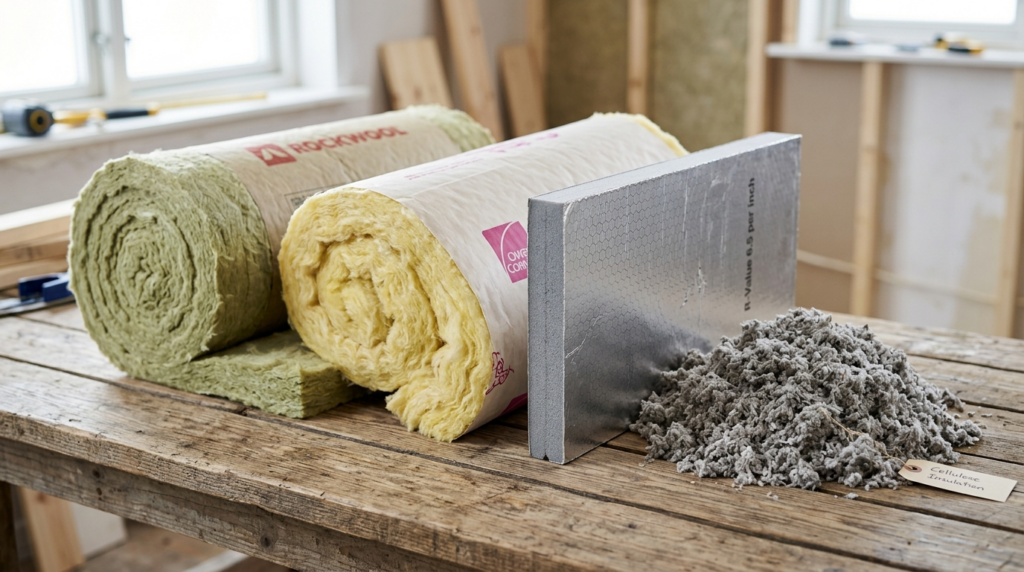 Close-up detail of various modern insulation materials laid