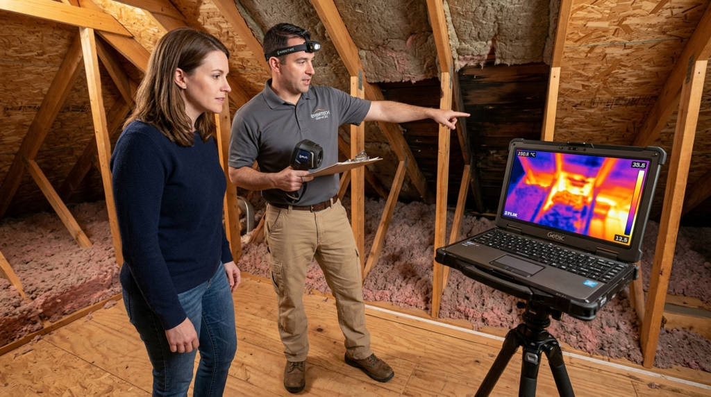 Homeowner standing in attic space while professional energy 