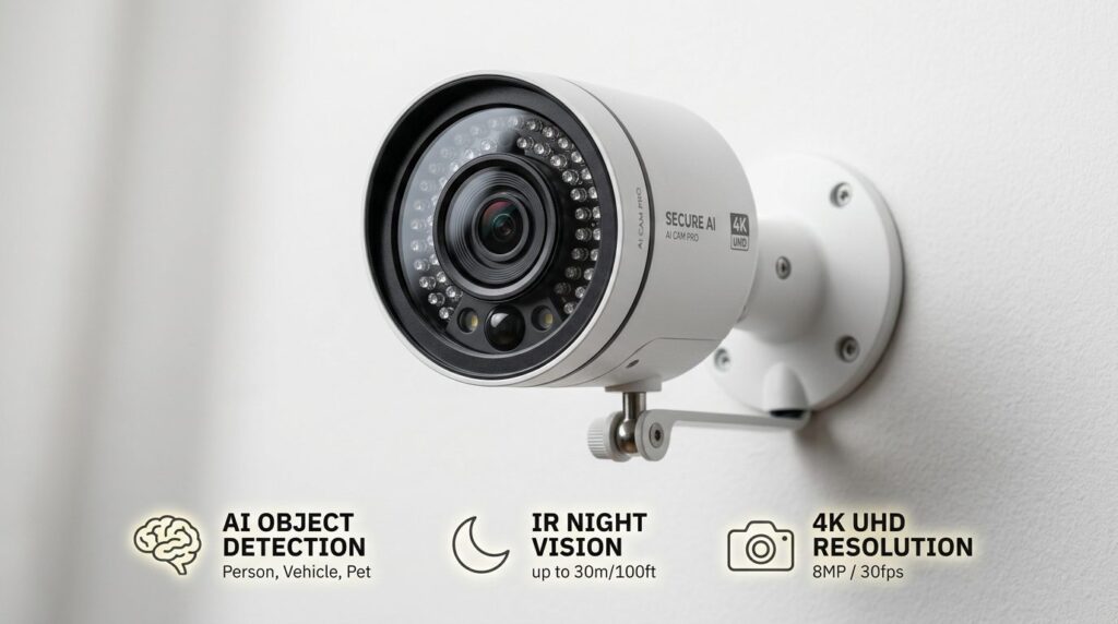 Close-up technical product shot of advanced security camera