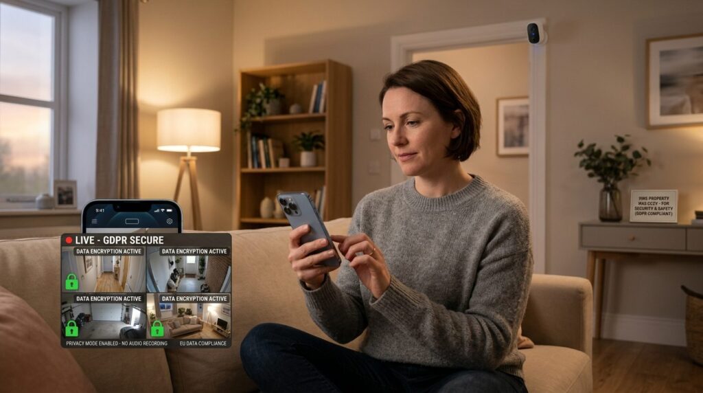Interior home security setup scene showing smartphone displa