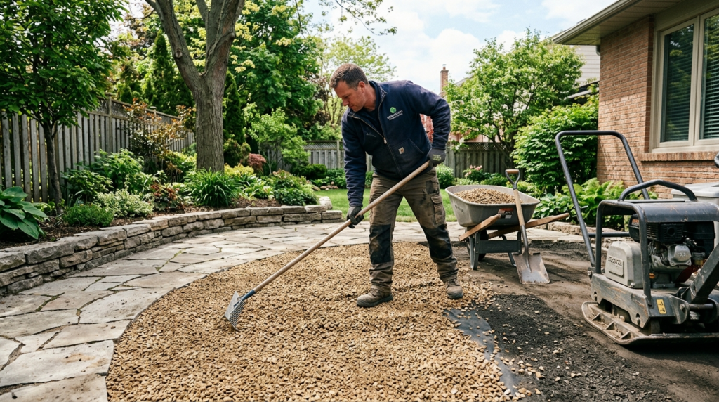 Professional landscaper installing and raking gravel on a re
